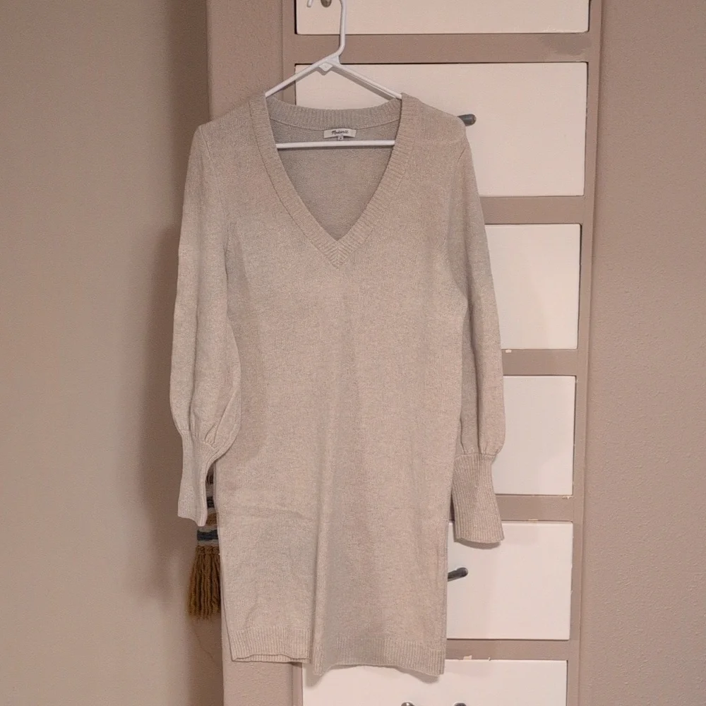 Madewell Wool Blend V-Neck Sweater Dress in Cream